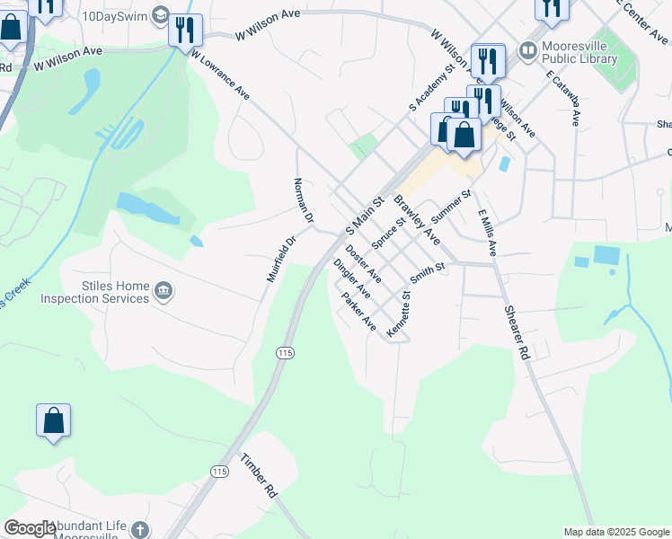 map of restaurants, bars, coffee shops, grocery stores, and more near 117 Dingler Avenue in Mooresville