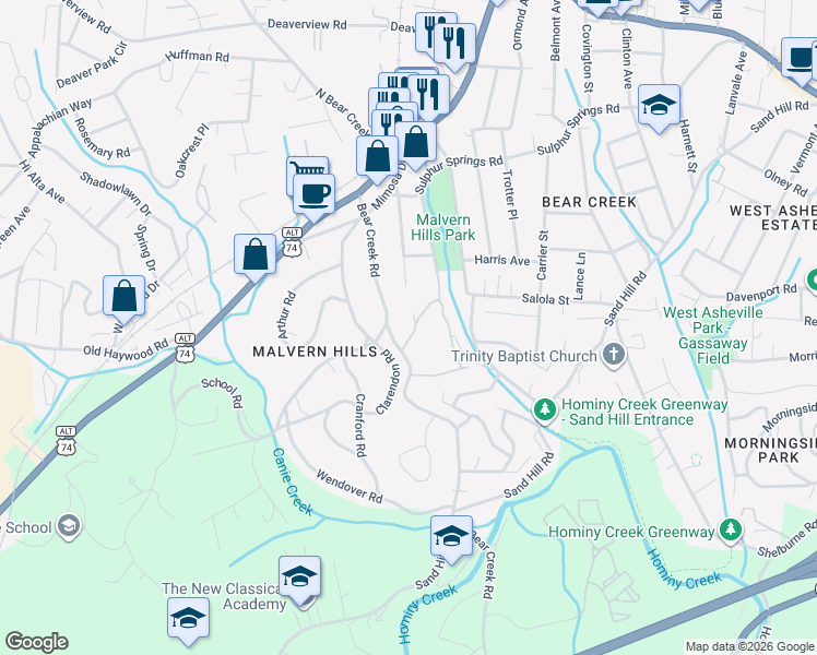 map of restaurants, bars, coffee shops, grocery stores, and more near 102 Bear Creek Lane in Asheville