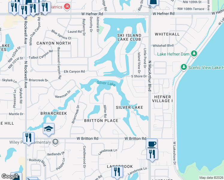 map of restaurants, bars, coffee shops, grocery stores, and more near 9824 Horseshoe Road in Oklahoma City