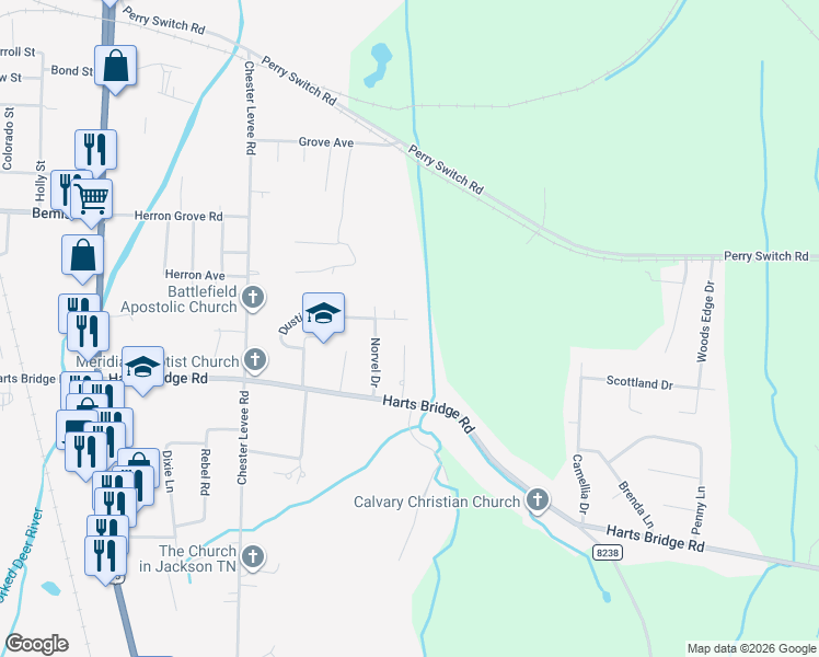 map of restaurants, bars, coffee shops, grocery stores, and more near 57 Roxy Cove in Jackson