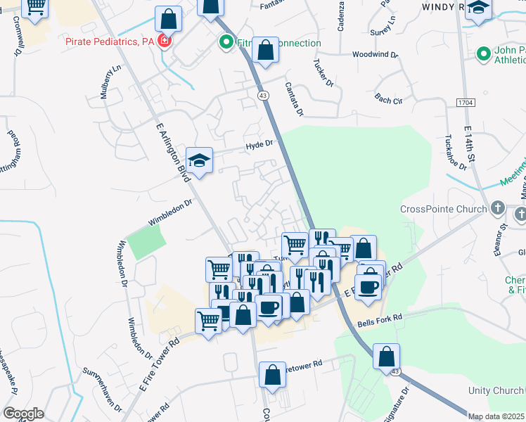 map of restaurants, bars, coffee shops, grocery stores, and more near 1391 Tara Court in Greenville