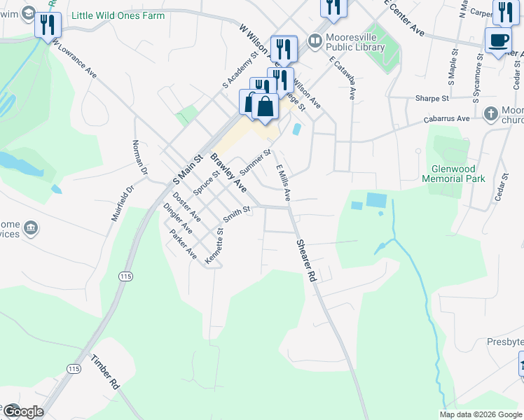 map of restaurants, bars, coffee shops, grocery stores, and more near 417 Ridge Avenue in Mooresville