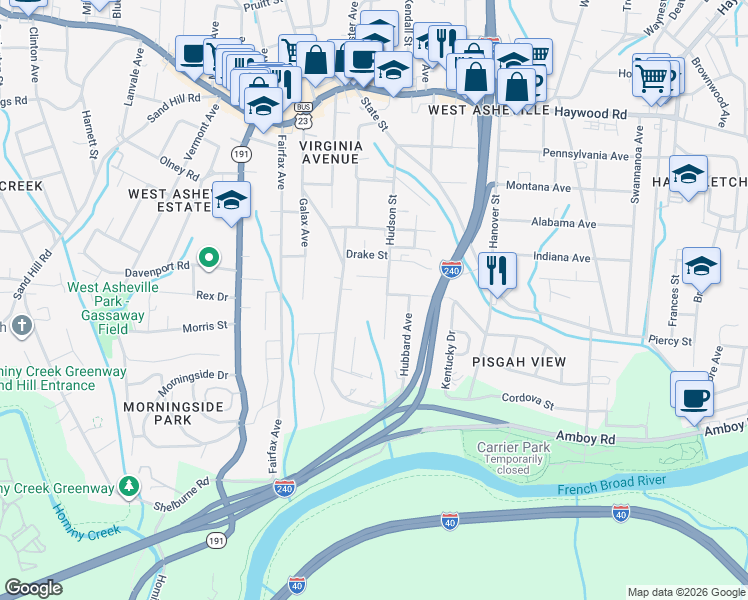 map of restaurants, bars, coffee shops, grocery stores, and more near 172 Hudson Street in Asheville