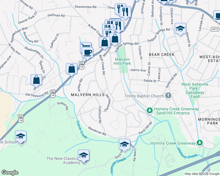 map of restaurants, bars, coffee shops, grocery stores, and more near 102 Bear Creek Lane in Asheville