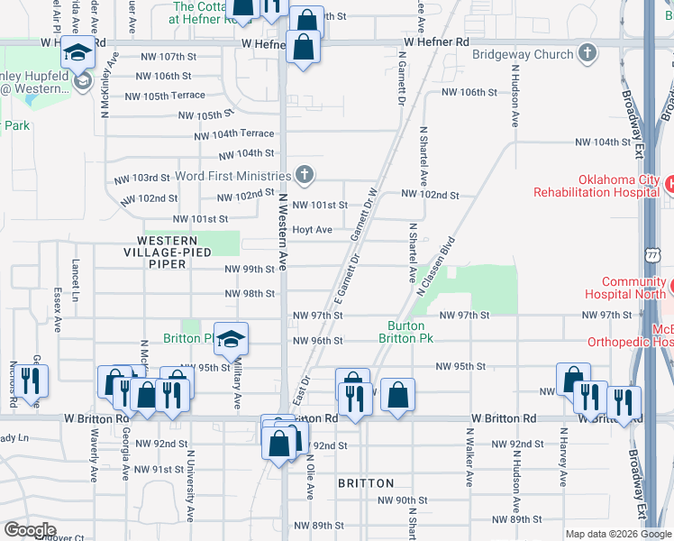 map of restaurants, bars, coffee shops, grocery stores, and more near 902 Northwest 99th Street in Oklahoma City