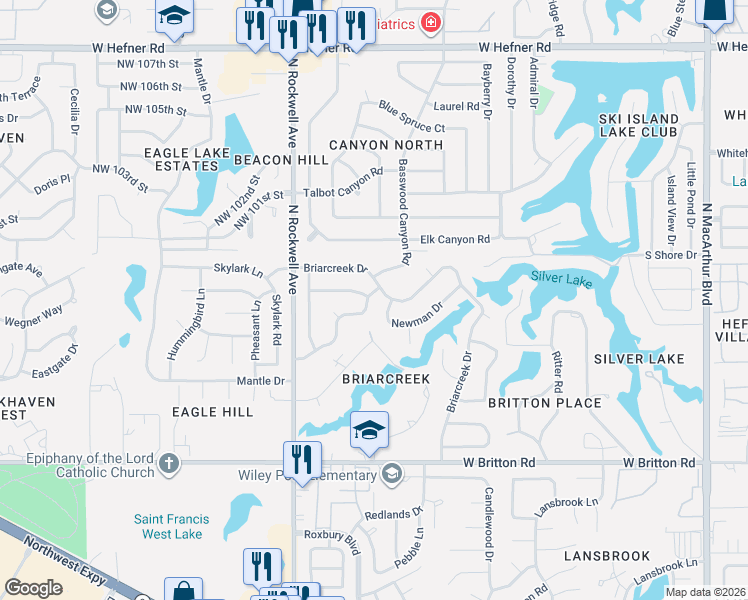 map of restaurants, bars, coffee shops, grocery stores, and more near 6908 Basswood Canyon Road in Oklahoma City
