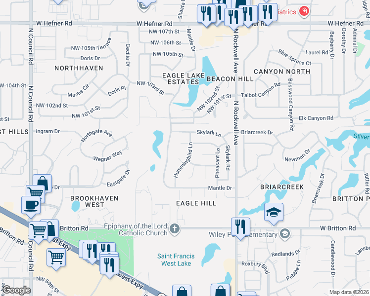 map of restaurants, bars, coffee shops, grocery stores, and more near 9919 Hummingbird Lane in Oklahoma City