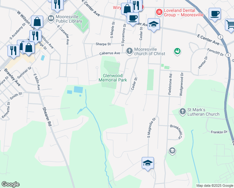 map of restaurants, bars, coffee shops, grocery stores, and more near 408 Glenwood Drive in Mooresville