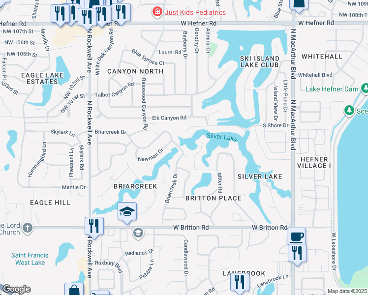 map of restaurants, bars, coffee shops, grocery stores, and more near 9901 Briarcreek Drive in Oklahoma City
