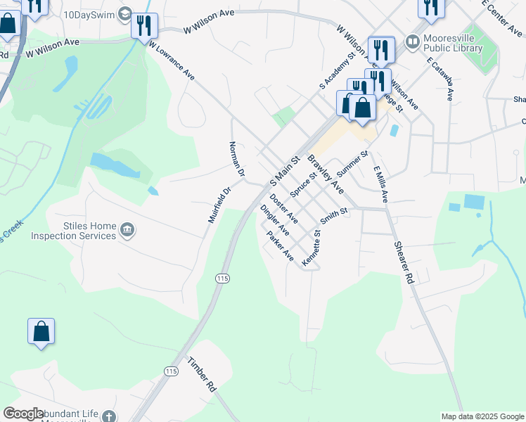 map of restaurants, bars, coffee shops, grocery stores, and more near 117 Dingler Avenue in Mooresville