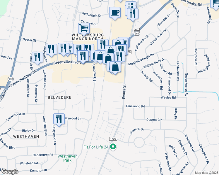 map of restaurants, bars, coffee shops, grocery stores, and more near 105 Chilwel Court in Greenville