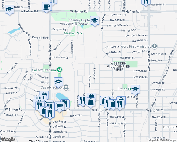 map of restaurants, bars, coffee shops, grocery stores, and more near 9908 Essex Avenue in The Village