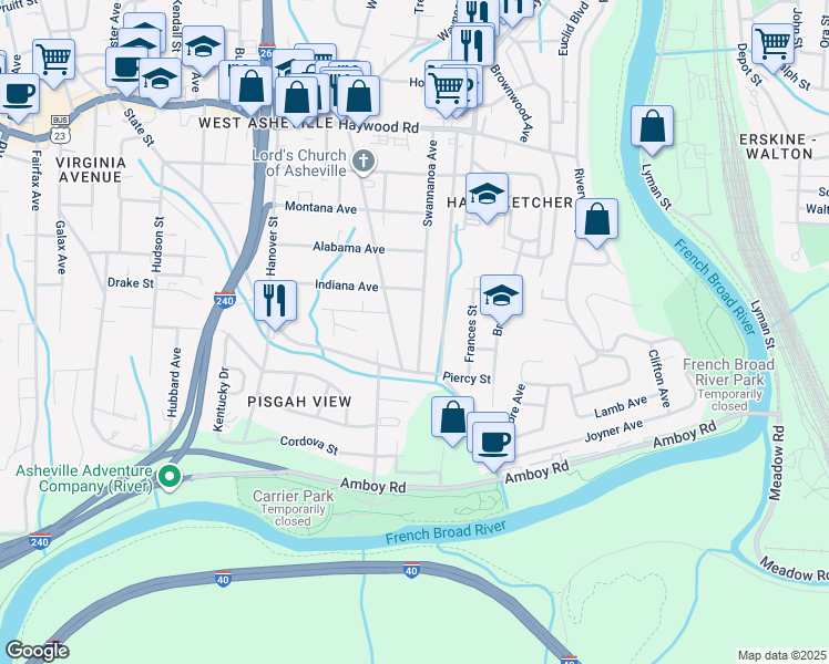 map of restaurants, bars, coffee shops, grocery stores, and more near 198 Swannanoa Avenue in Asheville
