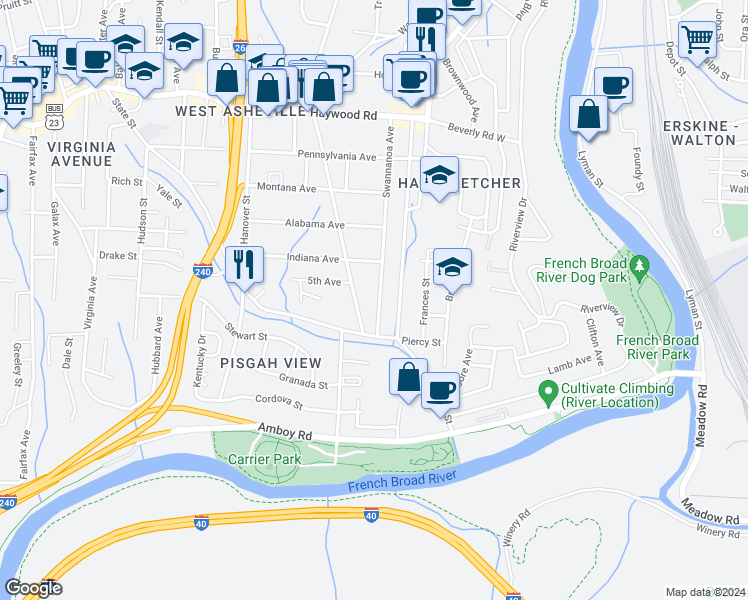 map of restaurants, bars, coffee shops, grocery stores, and more near 187 Swannanoa Avenue in Asheville