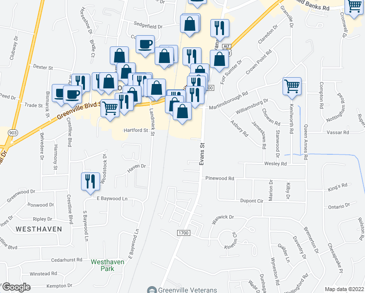 map of restaurants, bars, coffee shops, grocery stores, and more near 105 Chilwel Court in Greenville