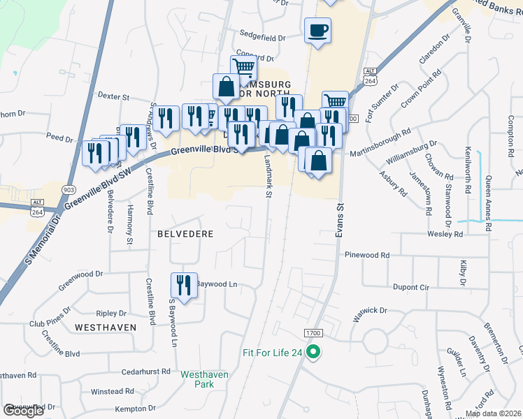 map of restaurants, bars, coffee shops, grocery stores, and more near 3260 Landmark Street in Greenville