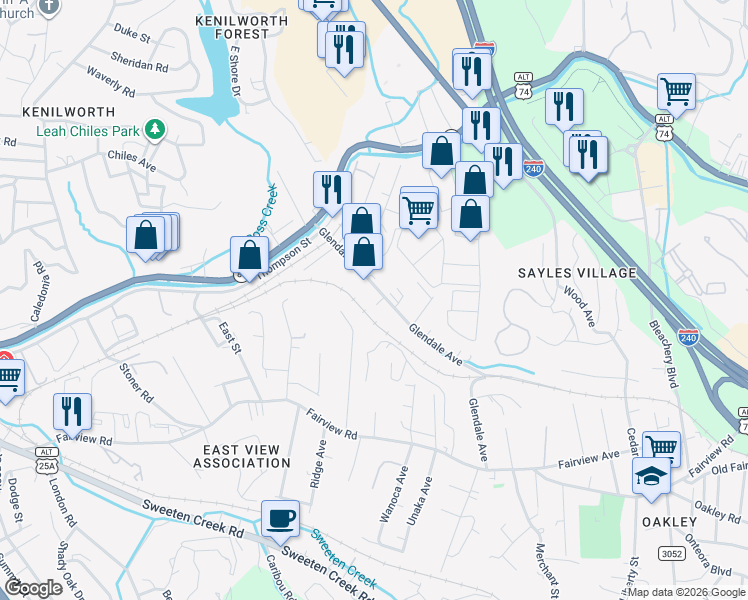map of restaurants, bars, coffee shops, grocery stores, and more near 63 Glendale Avenue in Asheville