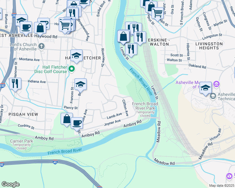 map of restaurants, bars, coffee shops, grocery stores, and more near 426 Riverview Drive in Asheville