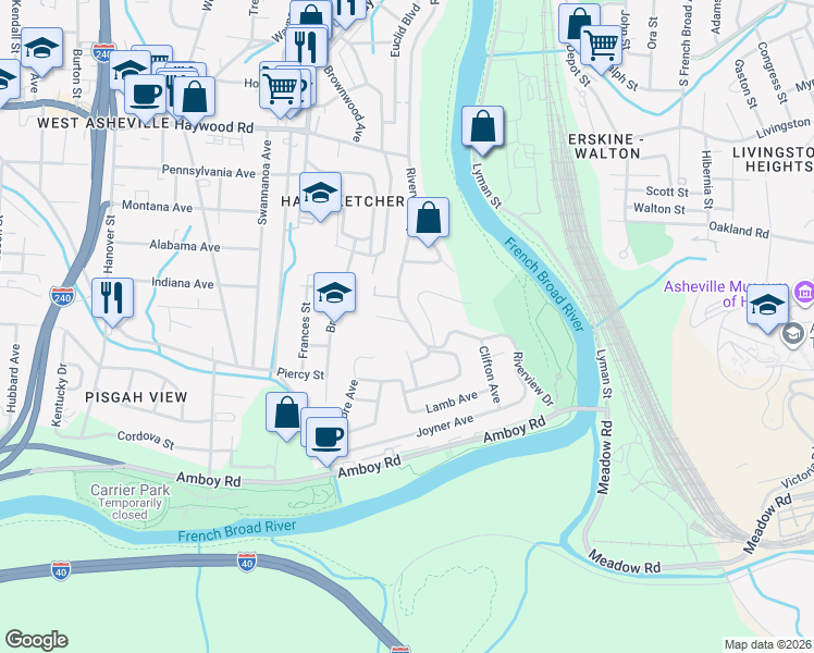map of restaurants, bars, coffee shops, grocery stores, and more near 415 Riverview Drive in Asheville