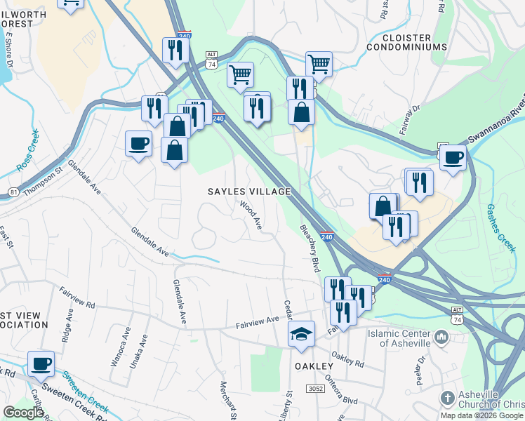 map of restaurants, bars, coffee shops, grocery stores, and more near 25 Sayles Road in Asheville