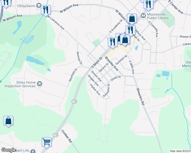 map of restaurants, bars, coffee shops, grocery stores, and more near 804 Spruce Street in Mooresville