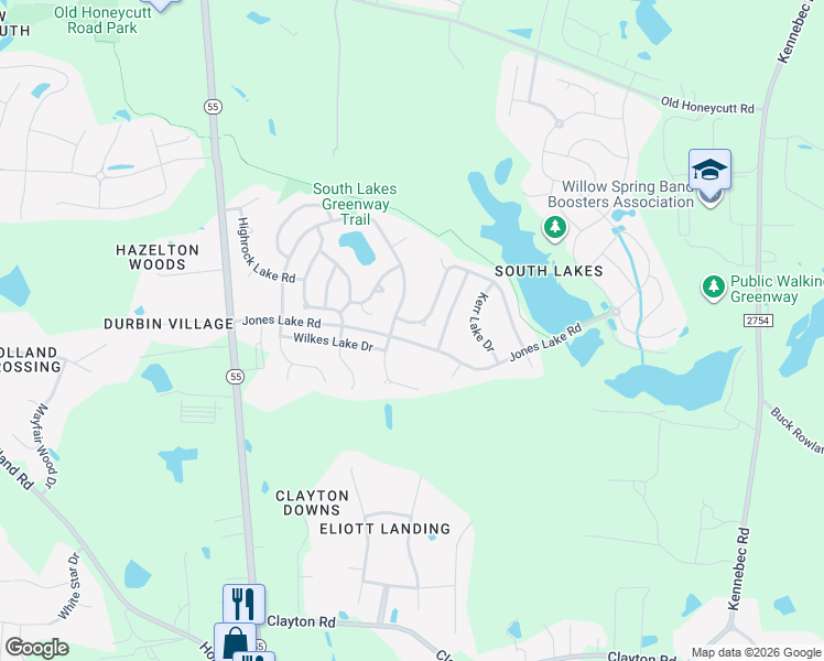 map of restaurants, bars, coffee shops, grocery stores, and more near 728 Glenville Lake Drive in Fuquay Varina