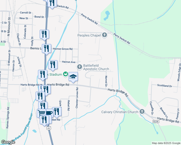 map of restaurants, bars, coffee shops, grocery stores, and more near 190 Dustin Drive in Jackson