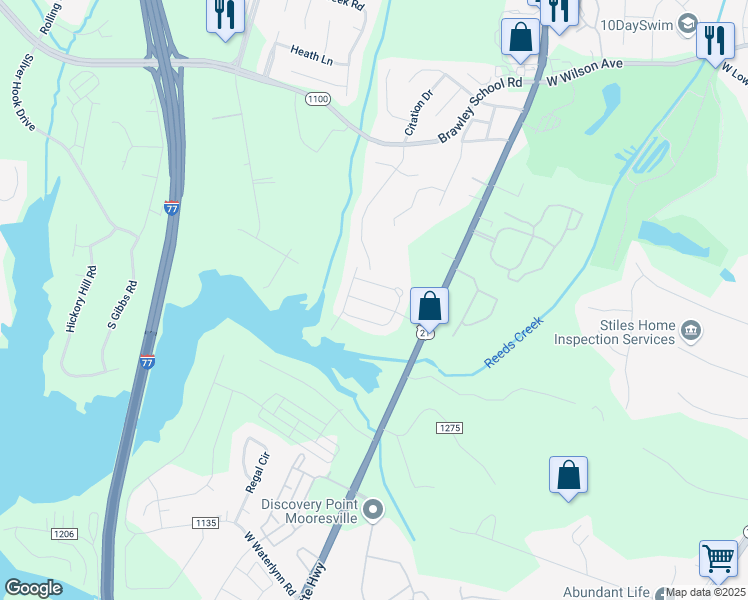 map of restaurants, bars, coffee shops, grocery stores, and more near 140 Cypress Landing Drive in Mooresville