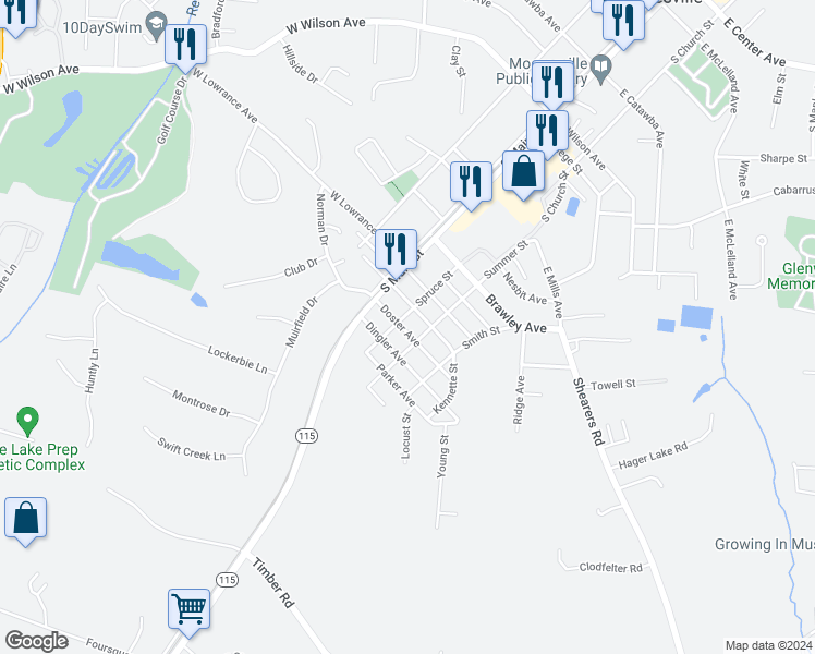 map of restaurants, bars, coffee shops, grocery stores, and more near 208 Doster Avenue in Mooresville