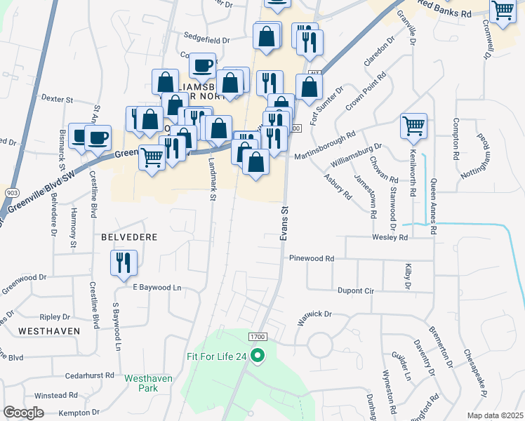 map of restaurants, bars, coffee shops, grocery stores, and more near 101 Chilwel Court in Greenville