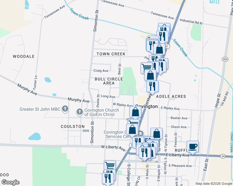 map of restaurants, bars, coffee shops, grocery stores, and more near 539 Davis Street in Covington