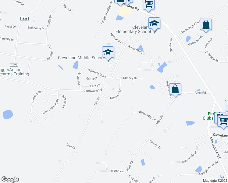map of restaurants, bars, coffee shops, grocery stores, and more near 33 Eleanor Lane in Garner