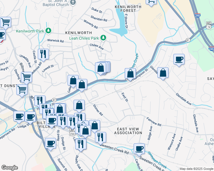 map of restaurants, bars, coffee shops, grocery stores, and more near 91 Thompson Street in Asheville