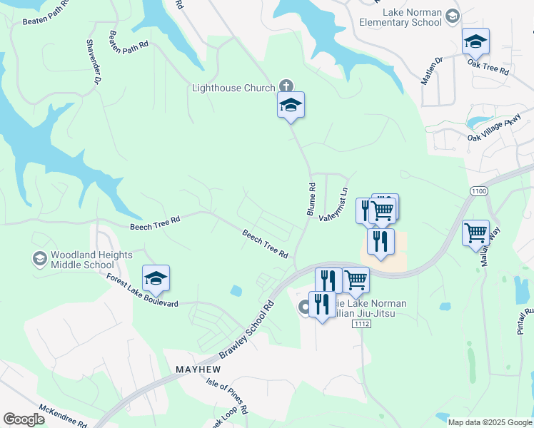 map of restaurants, bars, coffee shops, grocery stores, and more near 129 Blume Road in Mooresville