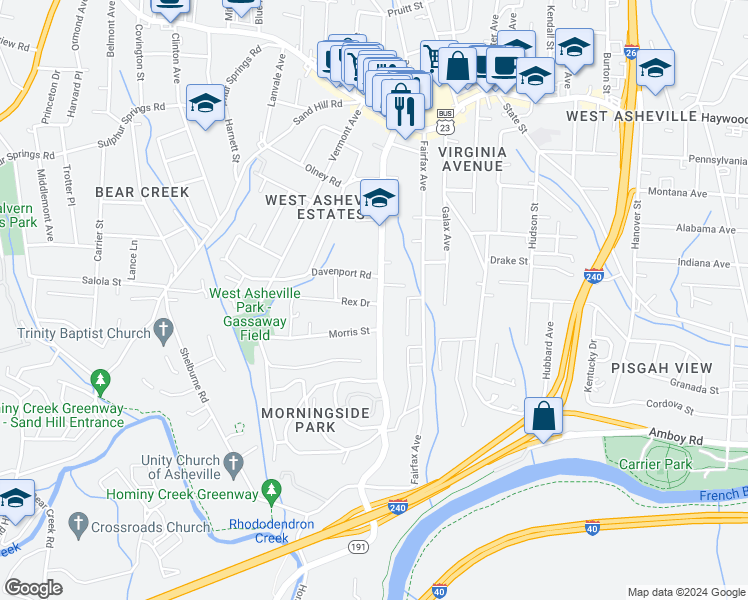 map of restaurants, bars, coffee shops, grocery stores, and more near 183 Brevard Road in Asheville