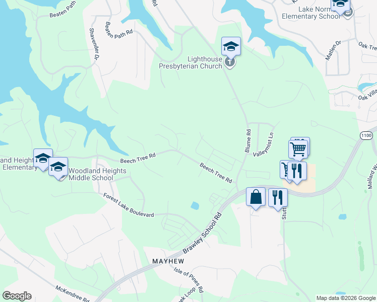 map of restaurants, bars, coffee shops, grocery stores, and more near 153 Beech Tree Road in Mooresville