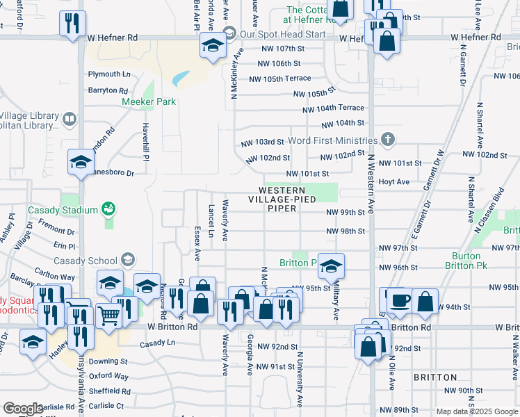 map of restaurants, bars, coffee shops, grocery stores, and more near 10001 North McKinley Avenue in Oklahoma City