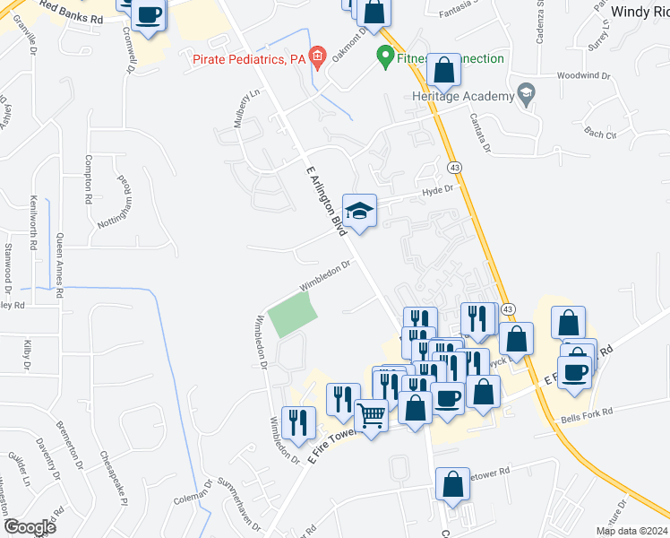 map of restaurants, bars, coffee shops, grocery stores, and more near 1750 Wimbledon Drive in Greenville