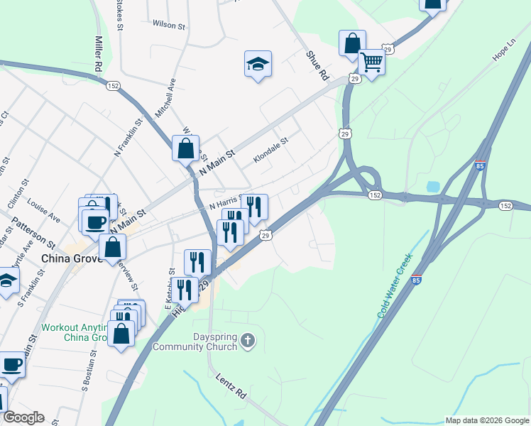 map of restaurants, bars, coffee shops, grocery stores, and more near 811 U.S. 29 in China Grove