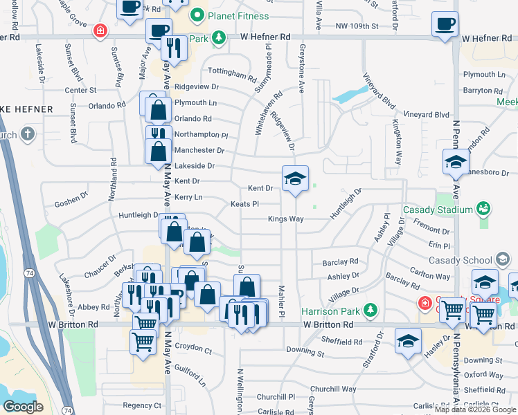 map of restaurants, bars, coffee shops, grocery stores, and more near 2625 Kings Way in The Village