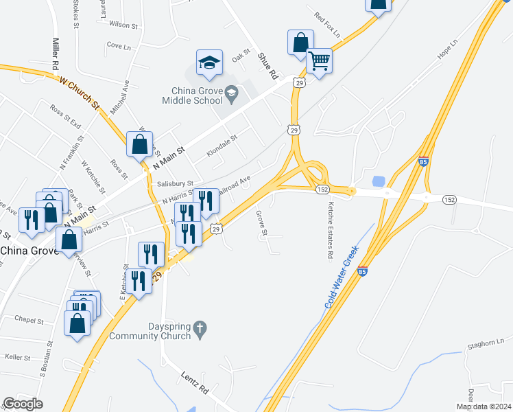 map of restaurants, bars, coffee shops, grocery stores, and more near 811 Grove Street in China Grove