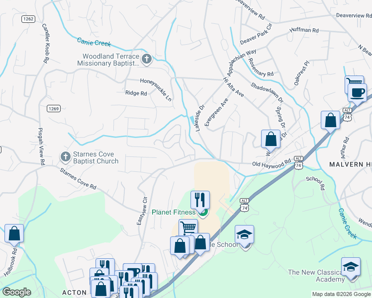 map of restaurants, bars, coffee shops, grocery stores, and more near 217 Torch Light Way in Asheville