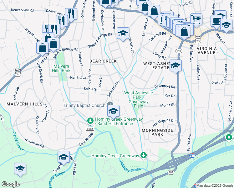 map of restaurants, bars, coffee shops, grocery stores, and more near 21 Shelburne Drive in Asheville