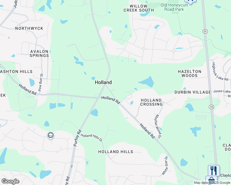 map of restaurants, bars, coffee shops, grocery stores, and more near 1309 Holland Road in Fuquay Varina