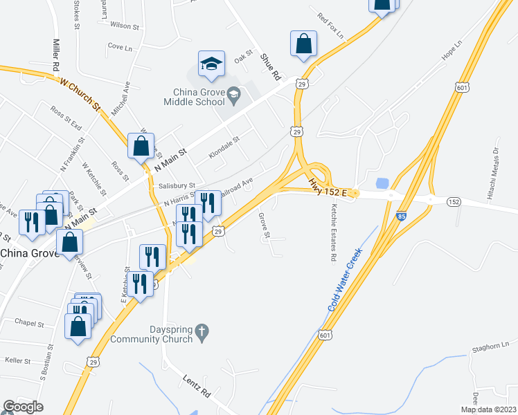 map of restaurants, bars, coffee shops, grocery stores, and more near 805 Grove Street in China Grove