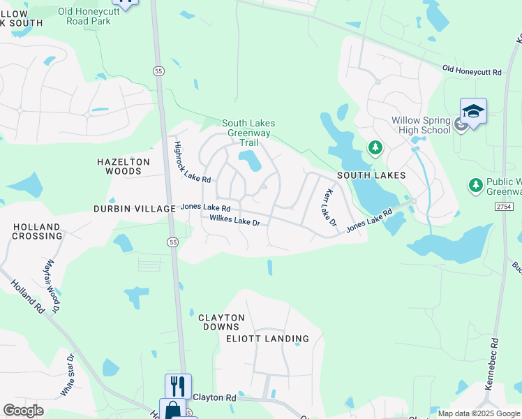 map of restaurants, bars, coffee shops, grocery stores, and more near 765 Arrowhead Lake Court in Fuquay-Varina