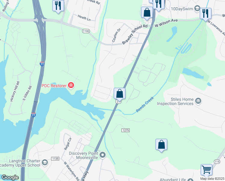 map of restaurants, bars, coffee shops, grocery stores, and more near 118 North Arcadian Way in Mooresville