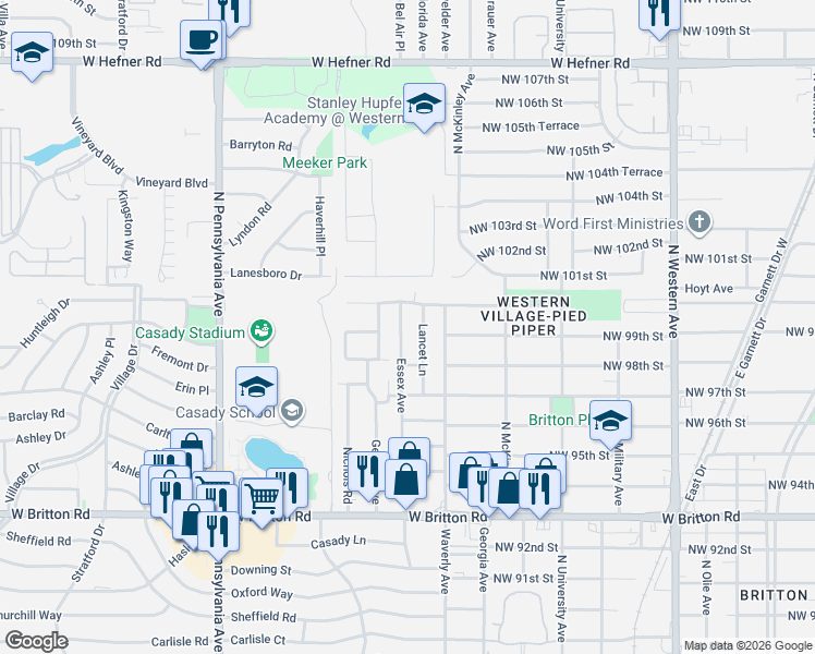 map of restaurants, bars, coffee shops, grocery stores, and more near 9908 Essex Avenue in The Village