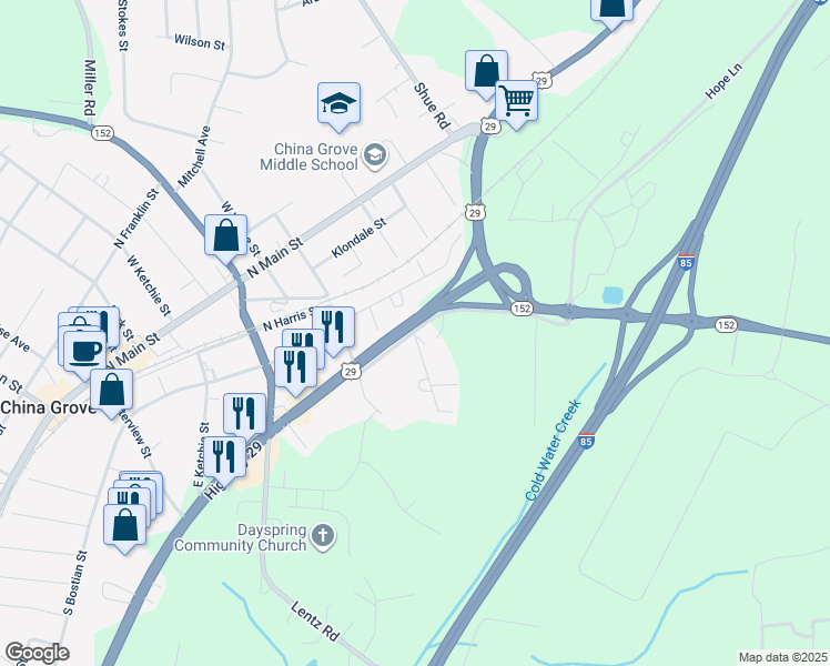 map of restaurants, bars, coffee shops, grocery stores, and more near 800 Grove Street in China Grove
