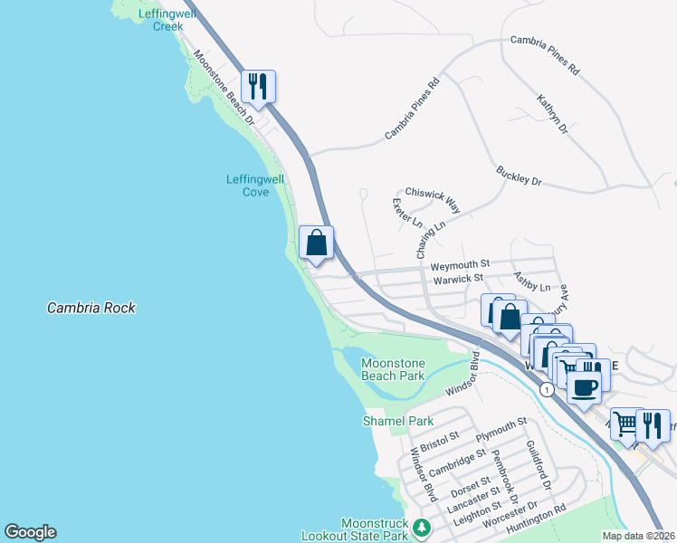 map of restaurants, bars, coffee shops, grocery stores, and more near 247 Weymouth Street in Cambria